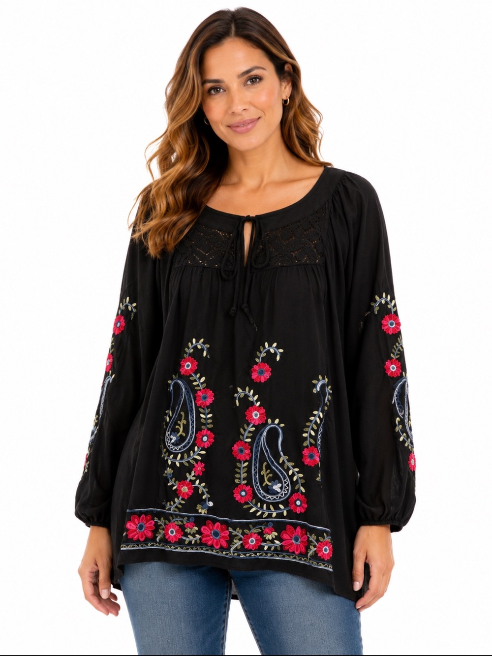Fig & Flower Black Embroidered Paisley Floral Boho Peasant Blouse XL